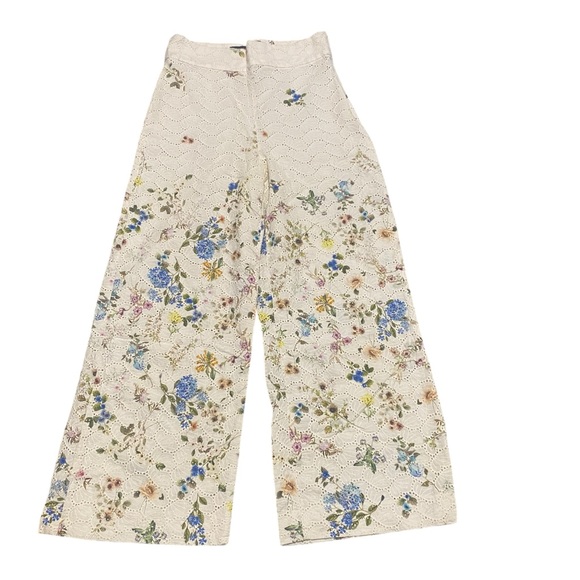 ZARA Floral Printed Culottes Embroidered Cut Out Cropped Pants Trousers Cream - Picture 5 of 9